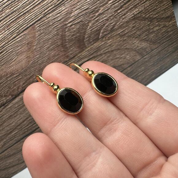 Napier Oval Black Rhinestone Gold Tone Leverback Pierced Earrings - Picture 2 of 9